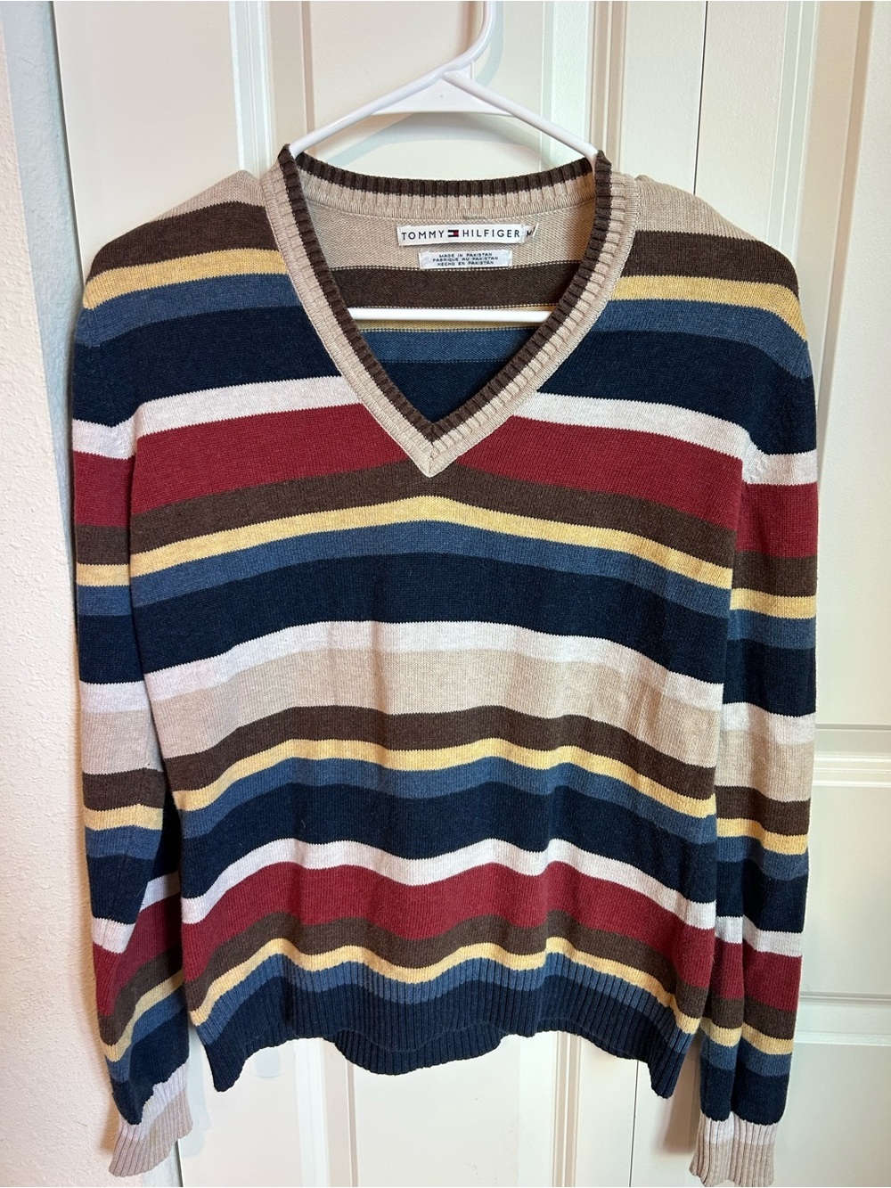 Y2K Tommy Hilfiger Striped V-Neck Sweater in Navy, Red, Cream, Brown and Yellow